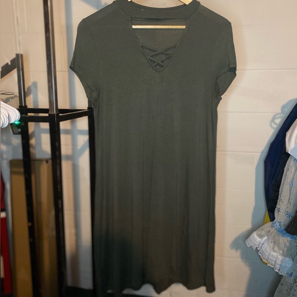 Pink Rose Dark Olive Green Cutout T-Shirt Dress